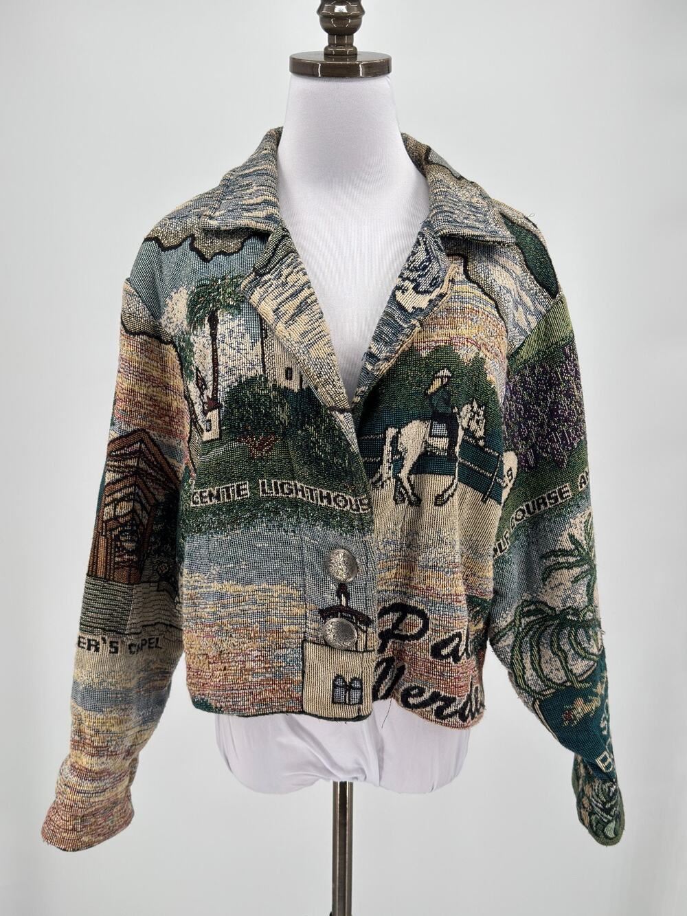 Vintage Paco Soler Palos Verde California Tapestry Print Knit Jacket Sz S/M